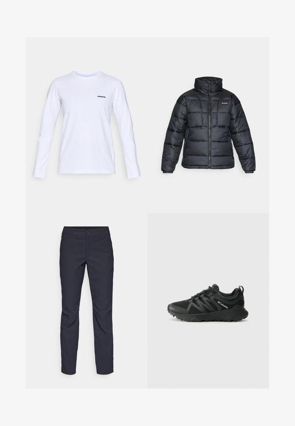 Juodas pūkuotas švarkas su aukštu apykakle, išsiuvinėtu raštu ir užtrauktuku priekyje. Yra dvi šoninės kišenės ir elastingi rankogaliai.; Ilgų rankovių balta medvilninė marškinėlių su apvalia iškirpte ir juodu "patagonia" logotipu kairėje krūtinės pusėje. Lygi tekstūra, klasikinis fasonas.; Tamsiai mėlynos kelnės, pagamintos iš lygaus audinio, su priekiniais mygtukais, lieknos silueto ir raukšlėmis ant kelių.; Columbia PEAKFREAK - Turistiniai batai - black