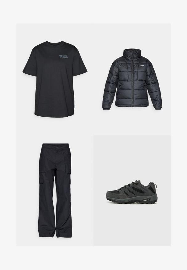 Black puffer jacket with high collar, quilted pattern, and zippered front. Features two side pockets and elastic cuffs.; Black cotton t-shirt with short sleeves, crew neck, featuring a grey logo print on the upper left side and a small Swedish flag accent.; Columbia BREA FALLS™ COTTON RIPSTOP PANT - Outdoor trousers - black; Columbia REDMOND - Hiking shoes - black/citron haze