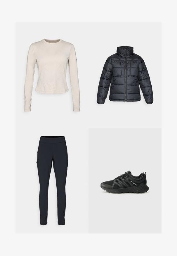 Schwarze Pufferjacke mit hohem Kragen, gestepptem Muster und Reißverschluss vorne. Hat zwei Seitentaschen und elastische Ärmelabschlüsse.; Langärmliges Oberteil in einem hellbeigen Farbton, mit einem strukturierten Muster aus sich kreuzenden Linien, Rundhalsausschnitt und schlanker Passform.; Schwarze Sporthose im Slim-Fit, mit elastischem Bund und einer seitlichen Gesäßtasche mit Reißverschluss. Glattes, dehnbares Material mit minimalen Nähten.; Columbia PEAKFREAK - Hikingschuh - black