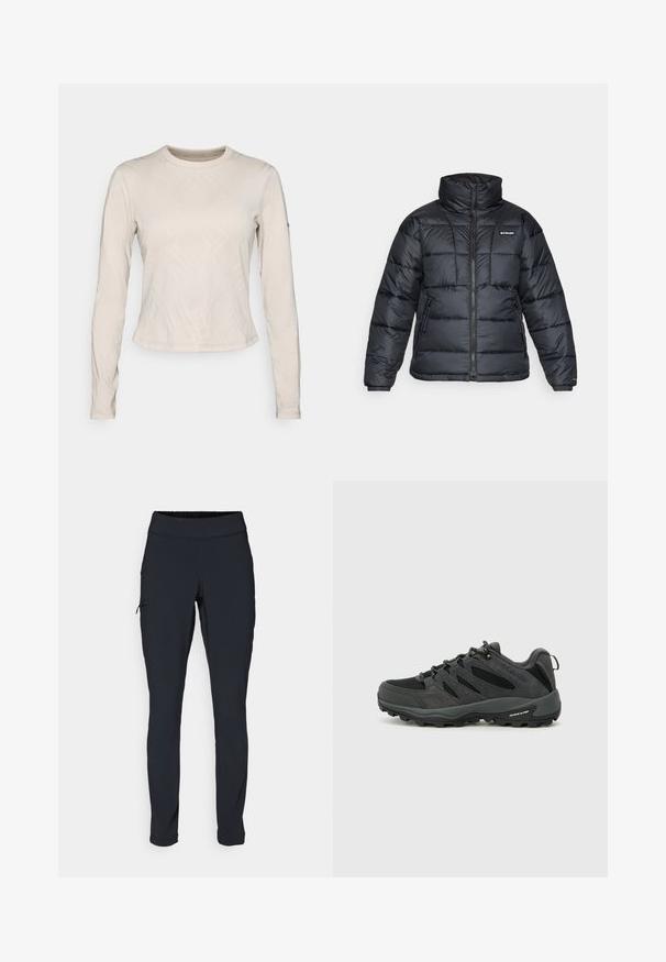 Černá prošívaná bunda s vysokým límcem, prošívaným vzorem a zipovým zapínáním. Obsahuje dvě boční kapsy a elastické manžety.; Dlouhý rukáv top v světle béžové barvě, s texturovaným vzorem protínajících se linií, kulatým výstřihem a štíhlým střihem.; Černé sportovní kalhoty s úzkým střihem, elastickým pasem a boční kapsou na zip. Hladká, elastická tkanina s minimem švů.; Columbia REDMOND - Trekingové boty - black/citron haze