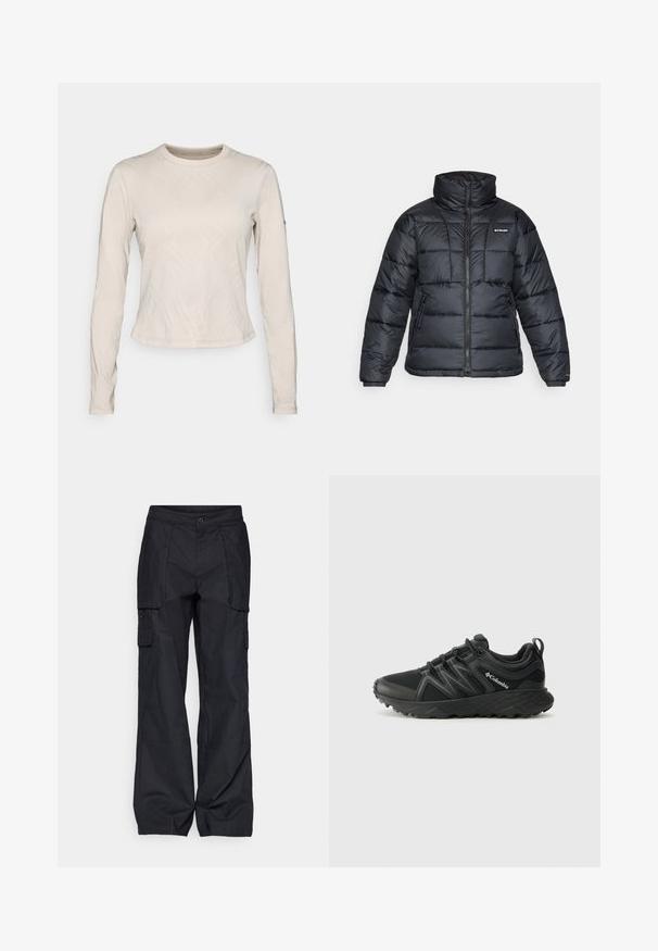Casaco puffer preto com gola alta, padrão acolchoado e fecho éclair à frente. Apresenta dois bolsos laterais e punhos elásticos.; Camisola de mangas longas em uma cor bege clara, com um padrão texturizado de linhas intersecadas, decote redondo e design slim-fit.; Columbia BREA FALLS™ COTTON RIPSTOP PANT - Calças para exterior - black; Columbia PEAKFREAK - Sapatos de caminhada - black