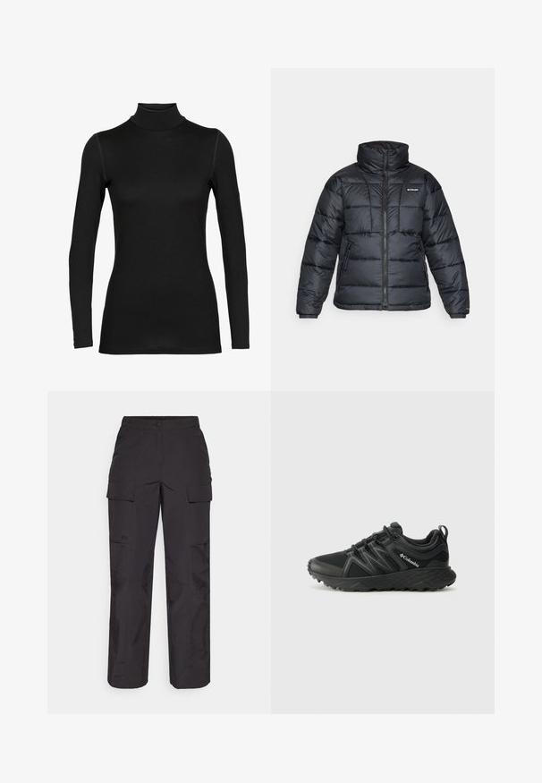 Schwarze Pufferjacke mit hohem Kragen, gestepptem Muster und Reißverschluss vorne. Hat zwei Seitentaschen und elastische Ärmelabschlüsse.; Schwarzes langärmliges Rollkragenoberteil aus einem glatten, elastischen Stoff. Es verfügt über ein tailliertes Design mit nahtlosen Schultern und einem hohen Kragen.; Schwarze Cargo-Hosen aus strapazierfähigem Stoff, mit mehreren Seitentaschen, einem Knopfverschluss und einer lockeren Passform mit geraden Beinen.; Columbia PEAKFREAK - Hikingschuh - black