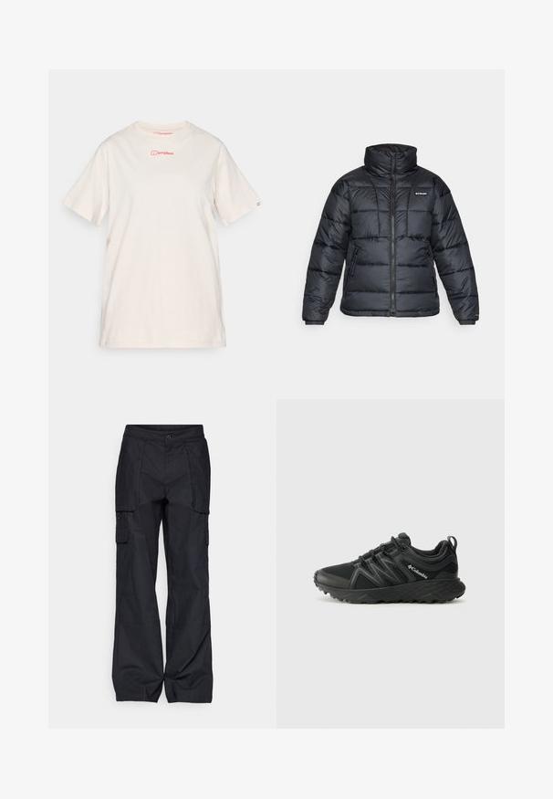 Sort pufferjakke med høj krave, quiltet mønster og lynlåsfront. Har to sidelommer og elastiske manchetter.; Cremefarvet t-shirt lavet af bomuld, med korte ærmer, rund hals og et lille rødt logo på forsiden og venstre ærme.; Columbia BREA FALLS™ COTTON RIPSTOP PANT - Outdoorbukser - black; Columbia PEAKFREAK - Hikingsko - black