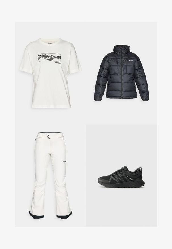 Schwarze Pufferjacke mit hohem Kragen, gestepptem Muster und Reißverschluss vorne. Hat zwei Seitentaschen und elastische Ärmelabschlüsse.; Weißes Baumwoll-T-Shirt mit einem schwarzen Liniendesign von Bergen und Hügeln auf der Brust, sowie einem Logo auf der unteren Seite.; Weiße Skihosen aus weichem, flexiblem Material. Mit einer taillierten Taille, weiten, ausgestellten Beinen und schwarzem Abschluss an den Säumen. Markenlogo sichtbar.; Columbia PEAKFREAK - Hikingschuh - black
