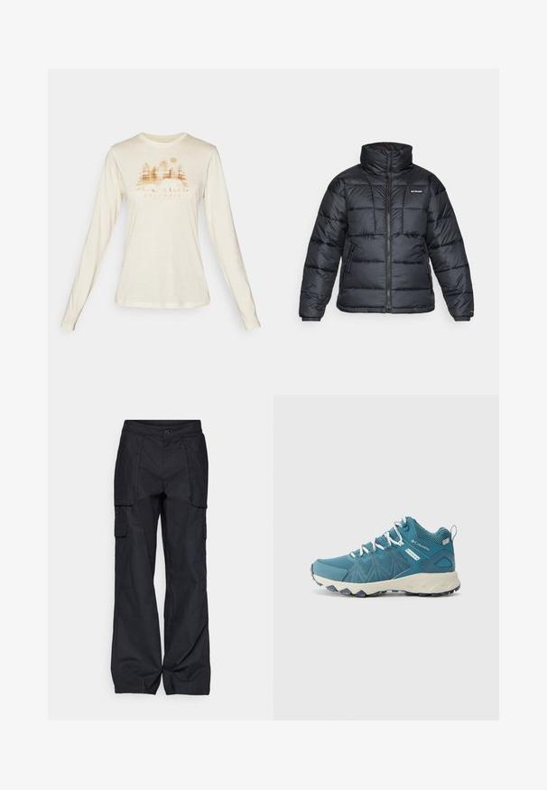 Casaco puffer preto com gola alta, padrão acolchoado e fecho éclair à frente. Apresenta dois bolsos laterais e punhos elásticos.; Columbia HIDDEN HAVEN™ LS TEE - Camisola de manga comprida - chalk/treehome omblur; Columbia BREA FALLS™ COTTON RIPSTOP PANT - Calças para exterior - black; Columbia PEAKFREAK MID - Botas de caminhada - blue heron/skylight
