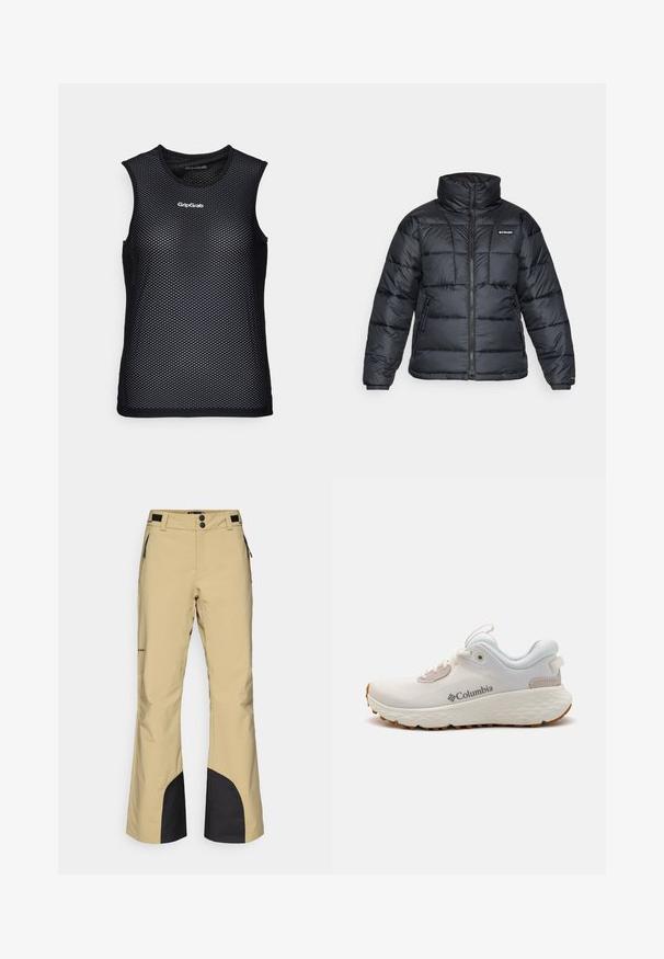 Schwarze Pufferjacke mit hohem Kragen, gestepptem Muster und Reißverschluss vorne. Hat zwei Seitentaschen und elastische Ärmelabschlüsse.; Schwarzes ärmelloses Mesh-Top mit Rundhalsausschnitt, das ein atmungsaktives Design und das GripGrab-Logo auf der Vorderseite aufweist. Texturiertes Aussehen.; Beige Skihosen mit weitem Schnitt, versehen mit schwarzen Akzenten an den unteren Beinen und seitlichen Reißverschlusstaschen. Hergestellt aus strapazierfähigem, feuchtigkeitsresistentem Material.; Leichter Columbia Sportschuh aus weißem Mesh mit einer strukturierten grauen Sole und Gummitraktion. Verfügt über einen gepolsterten Kragen und ein Schnürdesign.