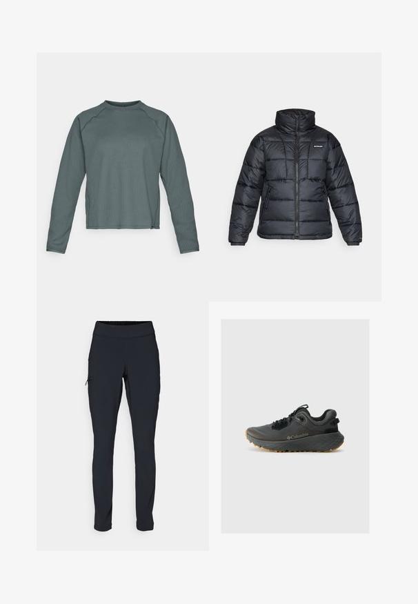 Schwarze Pufferjacke mit hohem Kragen, gestepptem Muster und Reißverschluss vorne. Hat zwei Seitentaschen und elastische Ärmelabschlüsse.; Langärmliges Oberteil mit Rundhalsausschnitt aus strukturiertem, dunkeltürkisfarbenem Stoff, das ein geripptes Muster aufweist und einen leicht gekürzten Saum hat.; Schwarze Sporthose im Slim-Fit, mit elastischem Bund und einer seitlichen Gesäßtasche mit Reißverschluss. Glattes, dehnbares Material mit minimalen Nähten.; Columbia TERRASTRIDE CRZ - Hikingschuh - shark/black