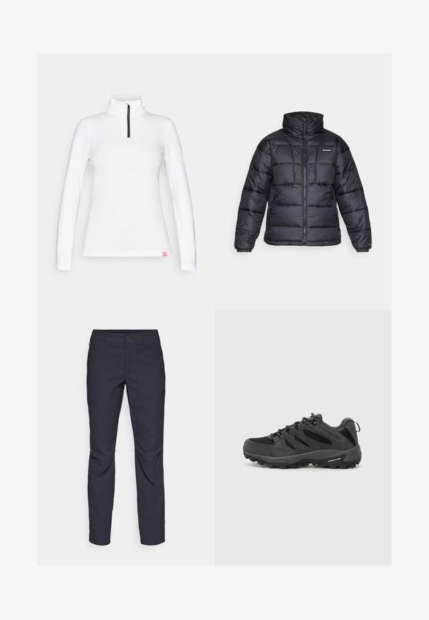 Zwarte pufferjack met hoge kraag, gestikt patroon en rits aan de voorkant. Beschikt over twee zijzakken en elastische manchetten.; Witte langarmtop met een hoge kraag en een zwarte halve rits sluiting. Heeft een klein roze logo label aan de zoom. Gladde, rekbare stof.; Navyblauwe broek van gladde stof, met een sluiting aan de voorkant met een knoop, slim-fit ontwerp en geplooide details bij de knieën.; Columbia REDMOND - Outdoorschoenen - black/citron haze