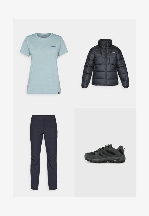 Melnā pūkainā jaka ar augstu apkakli, quilted rakstu un ar rāvējslēdzēju priekšpusi. Iezīmē divas sānu kabatas un elastīgas aproces.; Gaiši zils īsām piedurknēm t-krekls, izgatavots no mīksta, elpojoša auduma, ar mazu tumši zilu logotipu uz krūtīm un apaļu kakla izgriezumu.; Navy zila bikses, kas izgatavotas no gludas auduma, ar priekšējo pogu aizdari, pieguļošu siluetu un krokām pie ceļgaliem.; Columbia REDMOND - Pārgājienu apavi - black/citron haze