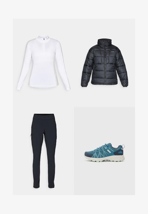 Svart dunjakke med høy krage, kviltet mønster og glidelås foran. Har to sidelommer og elastiske mansjetter.; Langermet hvit idrettsskjorte med glidelås i kragen. Har en sømløs design og tettsittende stil, egnet for utendørsaktiviteter.; Svarte joggebukser med slim fit, elastisk midjebånd og en sidelomme med glidelås. Glatt, elastisk stoff med minimalt med sømmer.; Columbia PEAKFREAK™ II OUTDRY™ - Fjellsko - blue heron/skylight