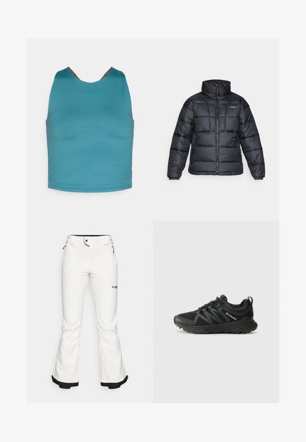 Casaco puffer preto com gola alta, padrão acolchoado e fecho éclair à frente. Apresenta dois bolsos laterais e punhos elásticos.; Top esticável verde-água com decote arredondado e detalhe cinza nas costas. Textura suave, design ajustado sem padrões ou acessórios adicionais.; Calças de esqui brancas feitas de um material suave e flexível. Apresenta uma cintura ajustada, pernas largas e evasê, e um acabamento preto nas bainhas. Logotipo da marca visível.; Columbia PEAKFREAK - Sapatos de caminhada - black