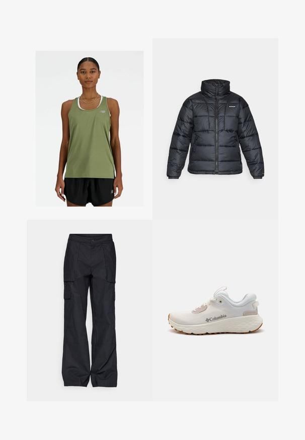 Juodas pūkuotas švarkas su aukštu apykakle, išsiuvinėtu raštu ir užtrauktuku priekyje. Yra dvi šoninės kišenės ir elastingi rankogaliai.; New Balance SPORT ESSENTIALS TANK - Viršus - dark olivine; Columbia BREA FALLS™ COTTON RIPSTOP PANT - Lauko kelnės - black; Lengvas Columbia sportinis batelis balto tinklinio audinio su tekstūruota pilka padanga ir guma sukibimui. Yra paminkštinta apykaklė ir raištelių dizainas.