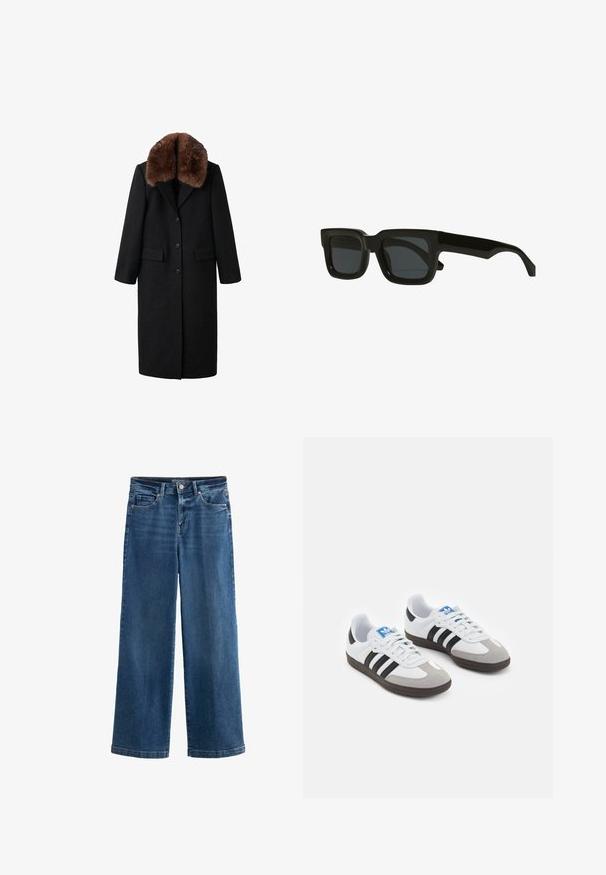 Černý dlouhý kabát s hnědým koženým límcem, jednobotonový design, dvě přední kapsy a hladká textura. Vyznačuje se přizpůsobenou siluetou.; Bílá jednobarevná bavlněná trička s kulatým výstřihem, krátkým rukávem a uvolněným střihem. Hladká textura bez vzorů nebo akcentů.; Modré široké džíny v denimové látce, s vysokým pasem, pěti kapsami, jemným vyblednutím, zapínáním na knoflík a kontrastním prošíváním.; Sportovní boty s bílým koženým svrškem, šedou semišovou špičkou a třemi černými pruhy. Obsahují modré logo na jazyku a texturovanou gumovou podrážku.; Černé obdélníkové sluneční brýle s tmavými čočkami, silnými plastovými rámy a rovnými nohami. Mají matný povrch a minimalistický design.; Černá kožená kabelka se strukturovaným designem, se zlatým kulatým logem, horní rukojetí a odnímatelným ramenním popruhem.
