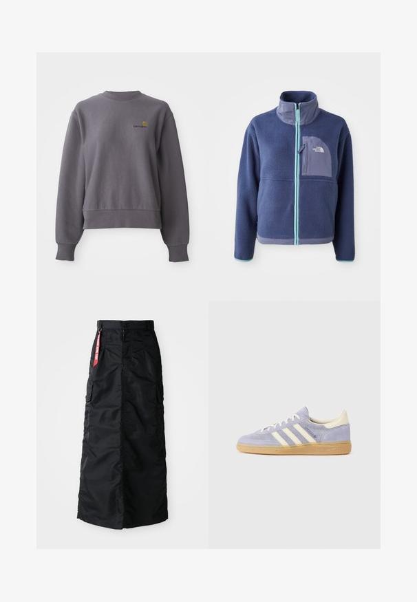 Fleecejakke i mørk marineblå med høy krage, frontglidelås og lyseblå detaljer. Har en brystlomme med logodetalj.; Grå hettegenser laget av bomullsblanding. Har rund hals, ribbede mansjetter og en liten brodert logo på brystet.; Svart lang skjørt med knapp og glidelås foran, sidelommer fra cargo-stil, og en rød "Remove Before Flight" textilplakett på midjen.; Lilla semsket snikere med tre hvite striper, gummisåle og kremfargede detaljer på hælen og tungen. Minimalistisk design med logodetalj.