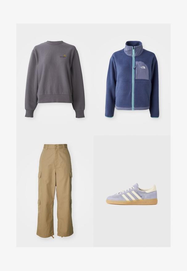 Fleecejakke i mørk marineblå med høy krage, frontglidelås og lyseblå detaljer. Har en brystlomme med logodetalj.; Grå hettegenser laget av bomullsblanding. Har rund hals, ribbede mansjetter og en liten brodert logo på brystet.; Beige cargo bukser med høj talje, brede ben og fire store sidelommer. Fremstillet af slidstærkt stof med en glat tekstur og minimal detalje.; Lilla semsket snikere med tre hvite striper, gummisåle og kremfargede detaljer på hælen og tungen. Minimalistisk design med logodetalj.