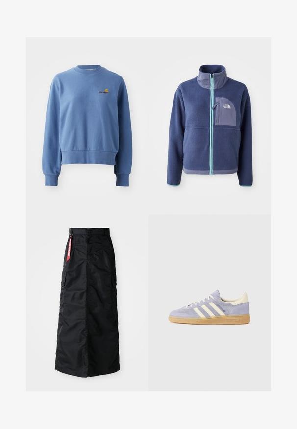 Chaqueta de forro polar en azul marino oscuro con cuello alto, cremallera frontal y detalles en azul claro. Presenta un bolsillo en el pecho con un logo.; Sudadera de algodón azul con puños y dobladillo acanalados. Presenta un pequeño logo bordado en el pecho. Cuello redondo, ajuste casual.; Falda larga negra con botones y cremallera en el frente, bolsillos laterales tipo cargo y una etiqueta de tela roja "Retirar antes del vuelo" en la cinturilla.; Zapatillas de ante púrpura con tres rayas blancas, suela de goma y acentos crema en el talón y la lengüeta. Diseño minimalista con detalle de logo.