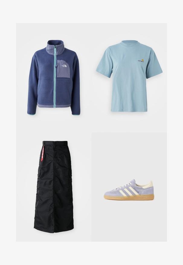 Casaco de fleece em azul marinho escuro com colarinho alto, fecho à frente e detalhes em azul claro. Apresenta um bolso no peito com detalhe de logotipo.; T-shirt de algodão de manga curta azul claro com decote redondo e pequeno logótipo da Carhartt em amarelo e vermelho no lado esquerdo do peito.; Saia longa preta com botão frontal e zipper, bolsos cargo laterais, e uma etiqueta de tecido vermelha "Remover Antes do Voo" na cintura.; Sneaker de camurça roxa com três riscas brancas, sola de borracha goma e detalhes em creme no calcanhar e na língua. Design minimalista com detalhe do logótipo.