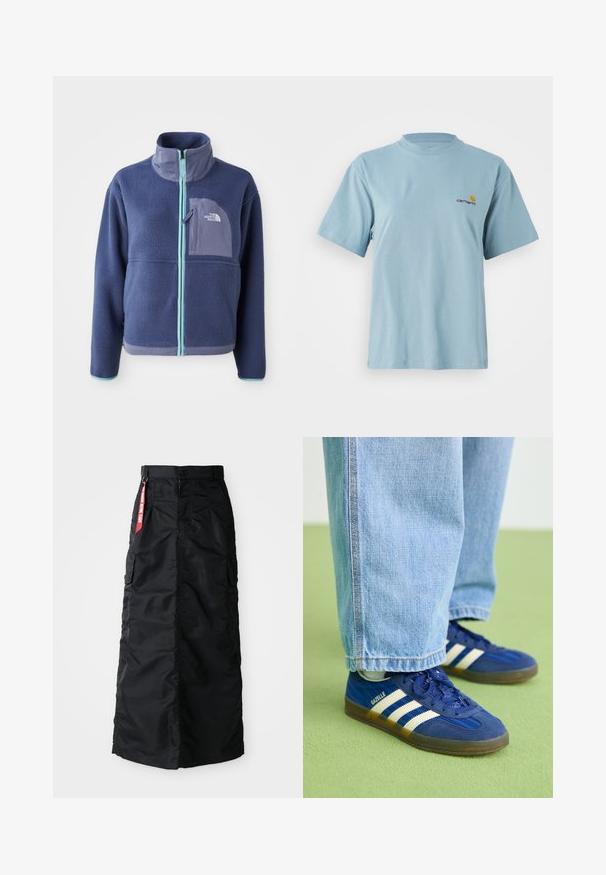 Casaco de fleece em azul marinho escuro com colarinho alto, fecho à frente e detalhes em azul claro. Apresenta um bolso no peito com detalhe de logotipo.; T-shirt de algodão de manga curta azul claro com decote redondo e pequeno logótipo da Carhartt em amarelo e vermelho no lado esquerdo do peito.; Saia longa preta com botão frontal e zipper, bolsos cargo laterais, e uma etiqueta de tecido vermelha "Remover Antes do Voo" na cintura.; Tênis de camurça azul com riscas brancas e padrões texturizados, usados com calças de ganga azul claro, contra um fundo verde.