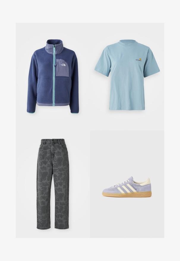Fleece jacket in donker marineblauw met een hoge kraag, voorrits en lichtblauwe accenten. Bevat een borstzak met logodetail.; Lichtblauw katoenen T-shirt met korte mouwen en ronde hals, met een klein geel en rood Carhartt-logo op de linkerborst.; Grijze denim jeans met een bloemenpatroon, hoge taille, rechte pijpen en een klassieke vijf-pocket ontwerp. Duurzaam materiaal met een lichte textuur.; Paarse suede sneaker met drie witte strepen, rubberen gumzool en crème accenten op de hak en tong. Minimalistisch ontwerp met logo-detail.