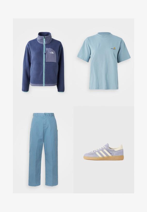 Tumedast meresinine fliistriik, millel on kõrge kaelus, esine zipper ja helesinised aktsendid. Omab rinna taskut logode detailiga.; Hele sinine lühikeste varrukatega puuvillane T-särk ümmarguse kaelusega ja vasakul rinnal väike kollane ja punane Carhartti logo.; Heledad sinine puuvillane püksid sirge säärega, varustatud nööbikinnituse, vöökohalenkide ja peene tekstuuriga.; Lilla suede tennis, millel on kolm valget triipu, kummist gummi tallad ja kreemjad aksendid kanna ja keele juures. Minimalistlik disain logodetailiga.