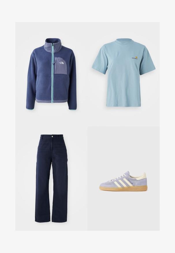 Fleece bunda v tmavě námořnické barvě s vysokým límcem, předním zipem a světle modrými akcenty. Obsahuje náprsní kapsu s logem.; Světle modré tričko s krátkým rukávem z bavlny, kulatým výstřihem a malým žlutým a červeným logem Carhartt na levé straně hrudi.; Námořnické modré široké cargo kalhoty vyrobené z pevné bavlny, s bočními kapsami a zapínáním na knoflík v pase.; Fialové semišové tenisky se třemi bílými pruhy, gumovou podrážkou a krémovými akcenty na patě a jazyku. Minimalistický design s detailem loga.