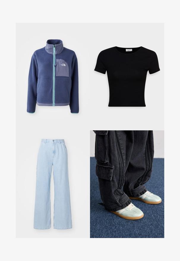 Chaqueta de forro polar en azul marino oscuro con cuello alto, cremallera frontal y detalles en azul claro. Presenta un bolsillo en el pecho con un logo.; Camiseta negra de manga corta hecha de una suave tela de algodón, con un escote redondo y un diseño ajustado. Minimalista, sin patrones visibles.; Vaqueros de pierna ancha de color azul claro hechos de denim, con bolsillos frontales, pasadores para cinturón y cierre de botón. Textura lisa y acabado limpio.; Zapatillas verde menta con acentos blancos, combinadas con pantalones cargo negros holgados que presentan bolsillos laterales y detalles de franjas negras.