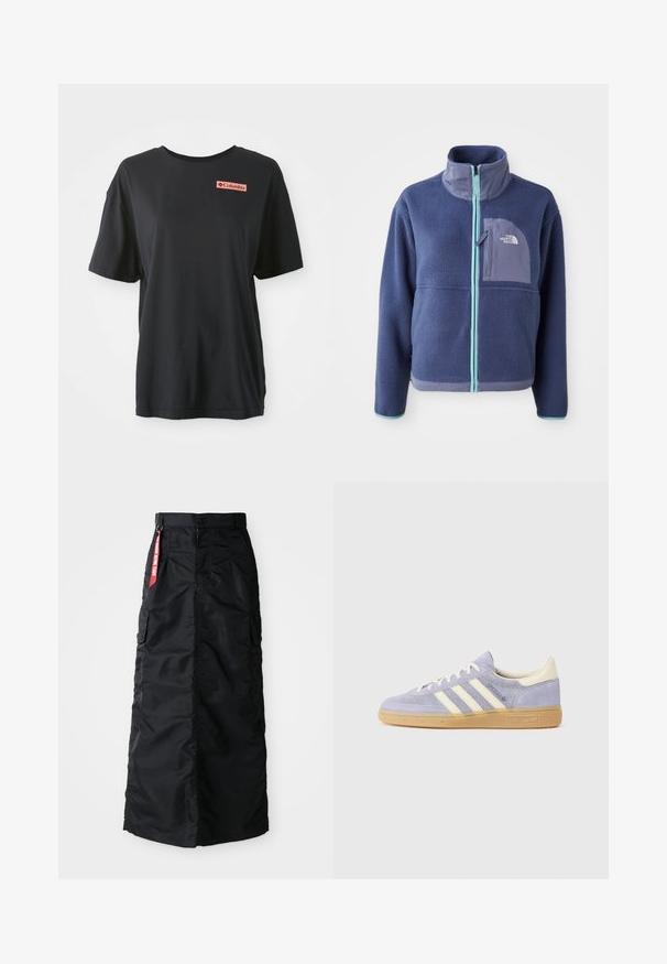 Flis jakna u tamnoplavoj boji s visokim ovratnikom, prednjim patent zipperom i svijetloplavim detaljima. Ima džep na prsima s logotipom.; Crna pamučna majica s kratkim rukavima, opuštenog kroja, s crvenim pravokutnim logotipom na lijevoj strani prsa. Glatka tekstura i jednostavan dizajn.; Crna duga suknja s prednjim dugmetom i zatvaračem, bočnim cargo džepovima i crvenom oznakom "Uklonite prije leta" na struku.; Ljubičaste suede tenisice s tri bijele pruge, gumeni potplat u boji gume i kremasti naglasci na peti i jeziku. Minimalistički dizajn s detaljem loga.