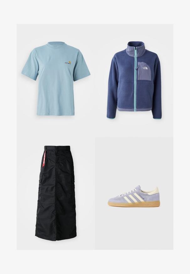 Bluza polarowa w ciemnym granacie z wysokim kołnierzem, przednim zamkiem i jasnoniebieskimi akcentami. Posiada kieszeń na piersi z detalem logo.; Jasnoniebieska bawełniana koszulka z krótkim rękawem, okrągłym dekoltem i małym logo Carhartt w kolorze żółtym i czerwonym na lewej piersi.; Czarna długa spódnica z guzikiem i zamkiem z przodu, bocznymi kieszeniami cargo oraz czerwoną metką "Usuń przed lotem" na pasku.; Fioletowe zamszowe sneakersy z trzema białymi paskami, gumową podeszwą i kremowymi akcentami na pięcie oraz języku. Minimalistyczny design z detalem logo.