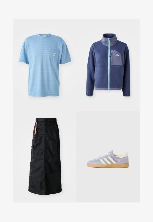 Chaqueta de forro polar en azul marino oscuro con cuello alto, cremallera frontal y detalles en azul claro. Presenta un bolsillo en el pecho con un logo.; Camiseta de manga corta azul claro con rayas horizontales. Cuenta con un bolsillo en el pecho con un parche de logo. Fabricada en material de algodón suave.; Falda larga negra con botones y cremallera en el frente, bolsillos laterales tipo cargo y una etiqueta de tela roja "Retirar antes del vuelo" en la cinturilla.; Zapatillas de ante púrpura con tres rayas blancas, suela de goma y acentos crema en el talón y la lengüeta. Diseño minimalista con detalle de logo.