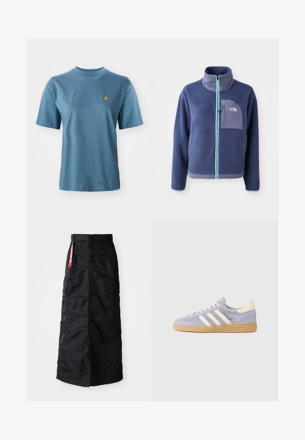 Sötét navy színű polárdzseki magas gallérral, elülső cipzárral és világoskék díszítésekkel. Tartalmaz egy logós mellzsebet.; Világoskék pamut póló rövid ujjakkal és bordázott kerek nyakkivágással. Bal mellkason egy kis sárga logóval díszítve.; Fekete, hosszú szoknya elülső gombokkal és cipzárral, oldalsó cargo zsebekkel, valamint egy piros "Remove Before Flight" feliratú szövet címkével a derékrészen.; Lila velúr sneaker három fehér csíkkal, gumitalp, és krémszínű részletek a saroknál és a nyelvnél. Minimalista dizájn logó részletezéssel.