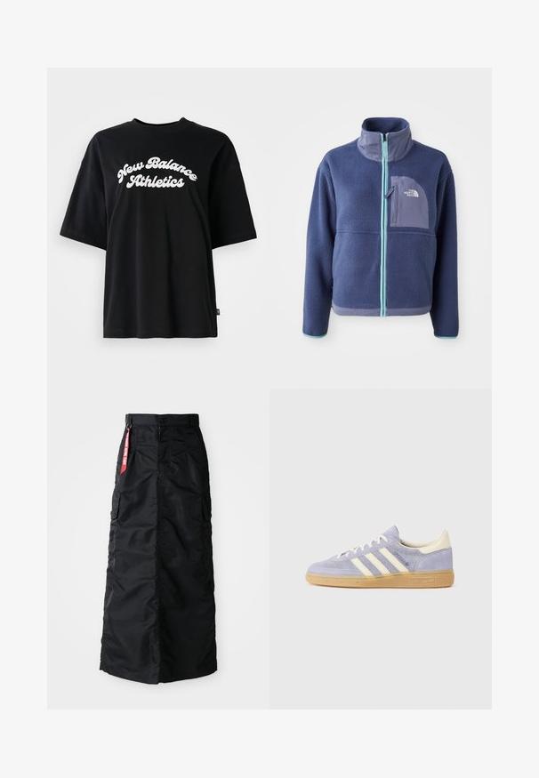 Plyšová bunda v tmavom námorníckom svete s vysokým golierom, predným zipsom a svetlomodrými akcentmi. Obsahuje náprsné vrecko s detailom loga.; Čierne bavlnené tričko s krátkymi rukávmi a okrúhlym výstrihom, s bielym textom "New Balance Athletics" v zakrivenom dizajne.; Čierna dlhá sukňa s predným gombíkom a zipsom, bočnými cargo vreckami a červeným textilným štítkom "Remove Before Flight" na páse.; Fialové semišové tenisky s tromi bielymi pruhmi, gumovou podrážkou a krémovými akcentmi na podpätku a jazyku. Minimalistický dizajn s logom.