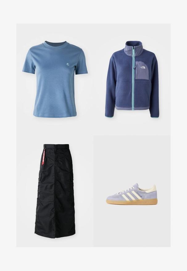 Jakna iz flisa temno mornarsko modre barve z visokim ovratnikom, sprednjim zadrgo in svetlo modrimi detajli. Vključuje žep na prsih z logotipom.; Svetlo modra kratkoletna majica s krošnjim izrezom in majhnim belim logotipom na levi prsni strani na enobarvni beli podlagi.; Dolga črna krila z sprednjim gumbom in zadrgo, stranskimi cargo žepi ter rdečo oznako "Odstrani pred poletom" na pasu.; Lila semiša športna obutev s tremi belimi črtami, gumijastim podplatom in kremnimi detajli na peti in jeziku. Minimalističen dizajn z logotipom.