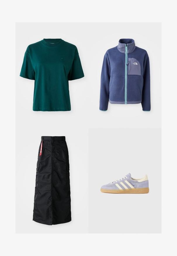 Fleece-Jacke in Dunkelblau mit hohem Kragen, Frontreißverschluss und hellblauen Akzenten. Verfügt über eine Brusttasche mit Logodetail.; Dunkelgrünes T-Shirt mit kurzen Ärmeln aus Baumwolle, mit Rundhalsausschnitt und kleinem Logo auf der linken Brustseite. Einfaches Design.; Schwarzer langer Rock mit vorderem Knopf und Reißverschluss, seitlichen Cargo-Taschen und einem roten "Remove Before Flight" Stoffetikett am Taillenbündchen.; Lila Wildlederschuh mit drei weißen Streifen, Gummisohle und cremefarbenen Akzenten an Ferse und Zunge. Minimalistisches Design mit Logodetail.