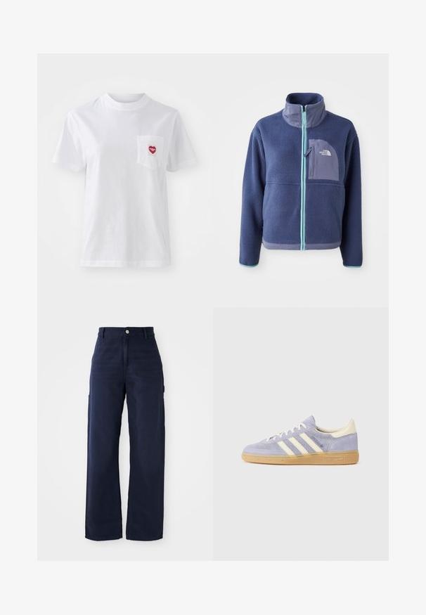 Fleecejakke i mørk marineblå med høj krave, frontlynlås og lyseblå detaljer. Har en brystlomme med logo.; Hvid kortærmet t-shirt lavet af bomuld, med et lille rødt hjerteformet lomme-design og "Carhartt WIP" tekst. Glat tekstur.; Mørkeblåvidde cargo bukser fremstillet af et robust bomuldsstof, der har sidelommer og en knaplukning i taljen.; Lilla ruskindsneaker med tre hvide striber, gummisål og cremefarvede detaljer ved hælen og tungen. Minimalistisk design med logodetalje.