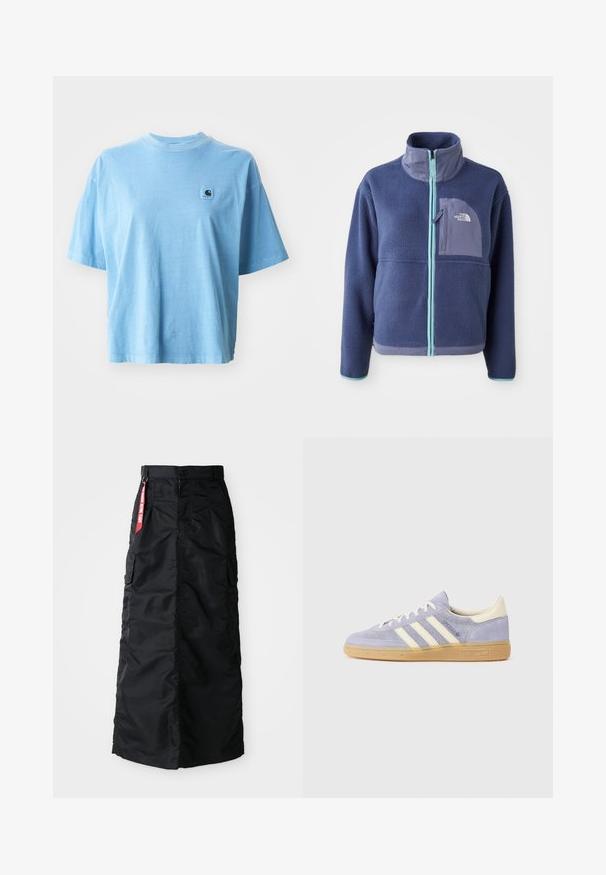 Bluza polarowa w ciemnym granacie z wysokim kołnierzem, przednim zamkiem i jasnoniebieskimi akcentami. Posiada kieszeń na piersi z detalem logo.; Jasnoniebieska bawełniana koszulka z okrągłym dekoltem, krótkimi rękawami i kwadratową naszywką logo na lewej piersi. Miękka tekstura i luźny krój.; Czarna długa spódnica z guzikiem i zamkiem z przodu, bocznymi kieszeniami cargo oraz czerwoną metką "Usuń przed lotem" na pasku.; Fioletowe zamszowe sneakersy z trzema białymi paskami, gumową podeszwą i kremowymi akcentami na pięcie oraz języku. Minimalistyczny design z detalem logo.