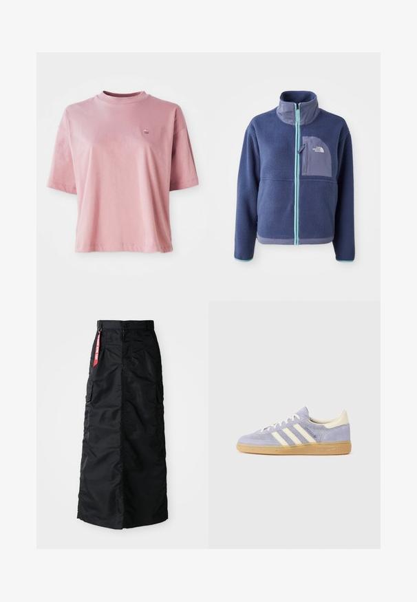 Sötét navy színű polárdzseki magas gallérral, elülső cipzárral és világoskék díszítésekkel. Tartalmaz egy logós mellzsebet.; Világos rózsaszín, rövid ujjú, kerek nyakú póló, kis logóval a bal felső mellkason, fehér háttéren bemutatva.; Fekete, hosszú szoknya elülső gombokkal és cipzárral, oldalsó cargo zsebekkel, valamint egy piros "Remove Before Flight" feliratú szövet címkével a derékrészen.; Lila velúr sneaker három fehér csíkkal, gumitalp, és krémszínű részletek a saroknál és a nyelvnél. Minimalista dizájn logó részletezéssel.