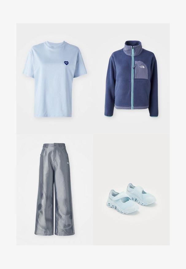 Plyšová bunda v tmavom námorníckom svete s vysokým golierom, predným zipsom a svetlomodrými akcentmi. Obsahuje náprsné vrecko s detailom loga.; Svetlo modré tričko s krátkym rukávom vyrobené z jemnej bavlny, s malým modrým srdcom na ľavej strane hrude. Okrúhly výstrih, voľný strih.; Široké nohavice z lesklého šedého materiálu, s bielymi bočnými pruhmi a plamenným vzorom na dolnej časti nohavíc. Zapínanie na gombík a zips v páse.; Svetlomodré tenisky z mäkkej textílie, s výraznými výrezmi v podrážke a suchým zipsom na vrchu pre bezpečné uchytenie.