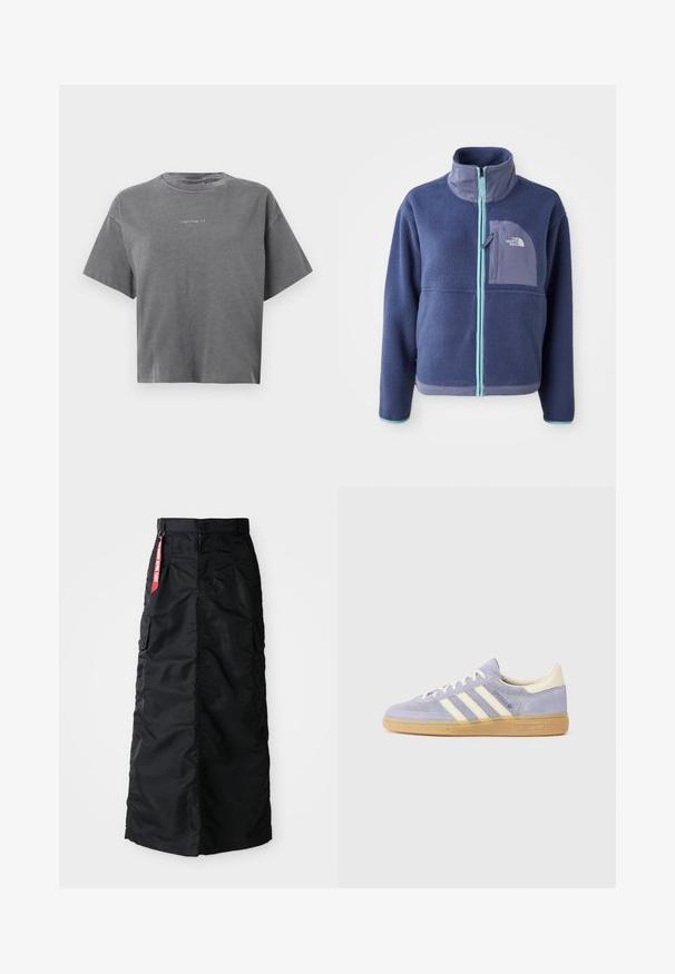 Casaco de fleece em azul marinho escuro com colarinho alto, fecho à frente e detalhes em azul claro. Apresenta um bolso no peito com detalhe de logotipo.; T-shirt curta cinza de manga curta com gola redonda e pequeno logótipo branco "carhartt" centrado na parte da frente.; Saia longa preta com botão frontal e zipper, bolsos cargo laterais, e uma etiqueta de tecido vermelha "Remover Antes do Voo" na cintura.; Sneaker de camurça roxa com três riscas brancas, sola de borracha goma e detalhes em creme no calcanhar e na língua. Design minimalista com detalhe do logótipo.
