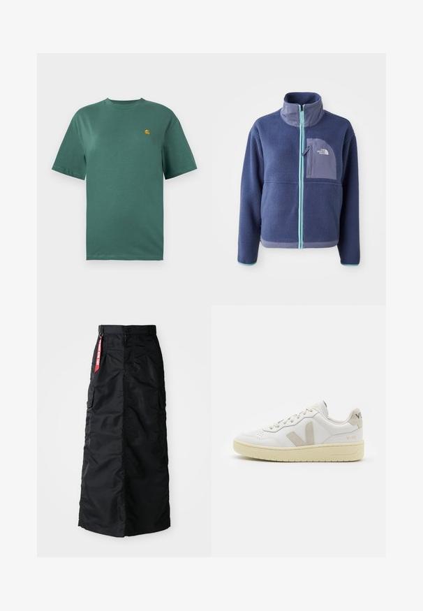 Giacca in fleece di un blu navy scuro con colletto alto, zip frontale e dettagli azzurri. Presenta una tasca sul petto con logo.; T-shirt in cotone turchese con maniche corte, collo rotondo e un piccolo logo giallo sul lato sinistro del petto. Tessuto morbido e vestibilità comoda.; Gonna lunga nera con bottone e cerniera frontali, tasche cargo laterali e un'etichetta in tessuto rossa "Rimuovere prima del volo" sulla vita.; Sneaker in pelle bianca con dettagli in suede beige, punta perforata, lacci piatti e suola testurizzata color crema. Presenta un logo discreto sul tallone.