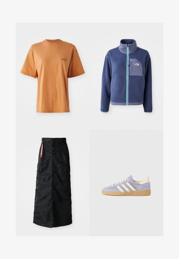 Fleece jacket in dark navy with a high collar, front zipper, and light blue accents. Features a chest pocket with logo detail.; Short-sleeve, crew-neck t-shirt in muted orange cotton, featuring a small embroidered logo in dark red on the left chest.; Black long skirt with front button and zipper, side cargo pockets, and a red "Remove Before Flight" fabric tag on the waistband.; Purple suede sneaker with three white stripes, rubber gum sole, and cream accents at the heel and tongue. Minimalist design with logo detail.