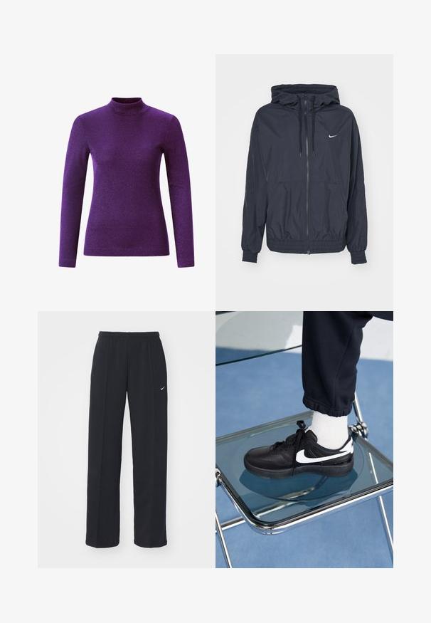Zwarte Nike windjack met een rits aan de voorkant, een capuchon met trekkoord, elastische manchetten en zijzakken, met een subtiele logo op de borst.; Paarse lange mouw coltrui gemaakt van een textuurstof met glans, met een getailleerd ontwerp en een hoge halslijn.; Zwarte Nike joggingsbroeken met een elastische tailleband en zijzakken, met een klein wit logo op het linkerpant en een recht gesneden ontwerp.; Zwarte Nike sneakers met witte accenten, met een gladde leren textuur, vetersluiting en ronde neus, geplaatst op een glazen stoel.