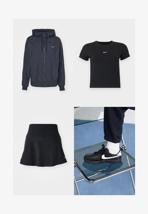 Black Nike windbreaker jacket with a zippered front, drawstring hood, elastic cuffs, and side pockets, featuring a subtle logo on the chest.; Black short-sleeve t-shirt made of cotton with a round neckline. Features a white Nike logo on the chest, minimalistic design, and fitted shape.; Black athletic skort with a smooth waistband, flared hem, and subtle Nike logo on the lower right. Made from stretchy, lightweight fabric.; Black Nike sneakers with white accents, featuring a smooth leather texture, lace-up design, and rounded toe, positioned on a glass chair.