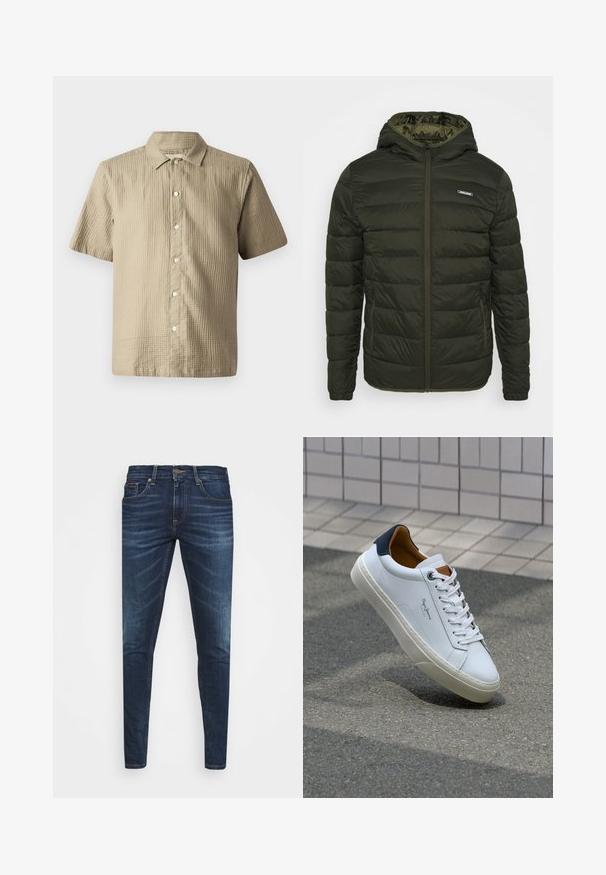 Gevoerde jas in olijfgroen met een rits voorkant, capuchon en zijzakken. Kenmerkt zich door horizontale stiknaden en een gladde glanzende textuur.; Korte mouwen shirt in lichtbeige, gestructureerde stof. Voorzien van een knoopsluiting aan de voorkant, puntige kraag en zes knopen langs de sluiting.; Donkerblauwe denim jeans met een slim fit, subtiele vervaging, vijf zakken en een metalen knoopsluiting. Gestikte accenten in contrasterende kleur.; Witte leren sneaker met een marineblauwe hiel, ronde neus en contrasterende bruin accent. Beschikt over platte veters en een gestructureerde rubberen zool.