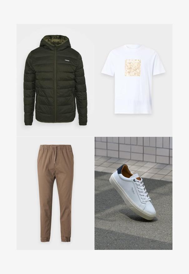 Veste matelassée en vert olive avec fermeture éclair à l'avant, capuche et poches latérales. Présente des coutures horizontales et une texture lisse et brillante.; T-shirt en coton blanc avec un graphique beige carré au centre, présentant un motif texturé. Manches courtes et col rond.; Pantalons bruns à taille élastique avec cordon de serrage réglable, jambes fuselées et ourlets à revers. Tissu doux avec une texture lisse et sans motifs visibles.; Sneaker en cuir blanc avec un talon bleu marine, bout rond et accents marron contrastés. Dispose de lacets plats et d'une semelle en caoutchouc texturée.