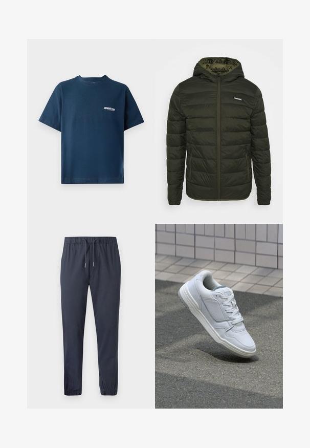 Chaqueta acolchada en verde oliva con cierre de cremallera frontal, capucha y bolsillos laterales. Presenta costuras horizontales y una textura brillante y suave.; Camiseta de algodón azul marino con mangas cortas y un cuello redondo. Presenta un pequeño logo blanco en la parte izquierda del pecho. Textura suave.; Pantalones jogger ajustados en color navy con cintura elástica, cordón y puños elásticos, hechos de una tela suave y ligera.; Zapatilla blanca de cuero con lados perforados, acentos texturizados, cordones planos y un talón gris en contraste. Presenta una suela ligeramente elevada.