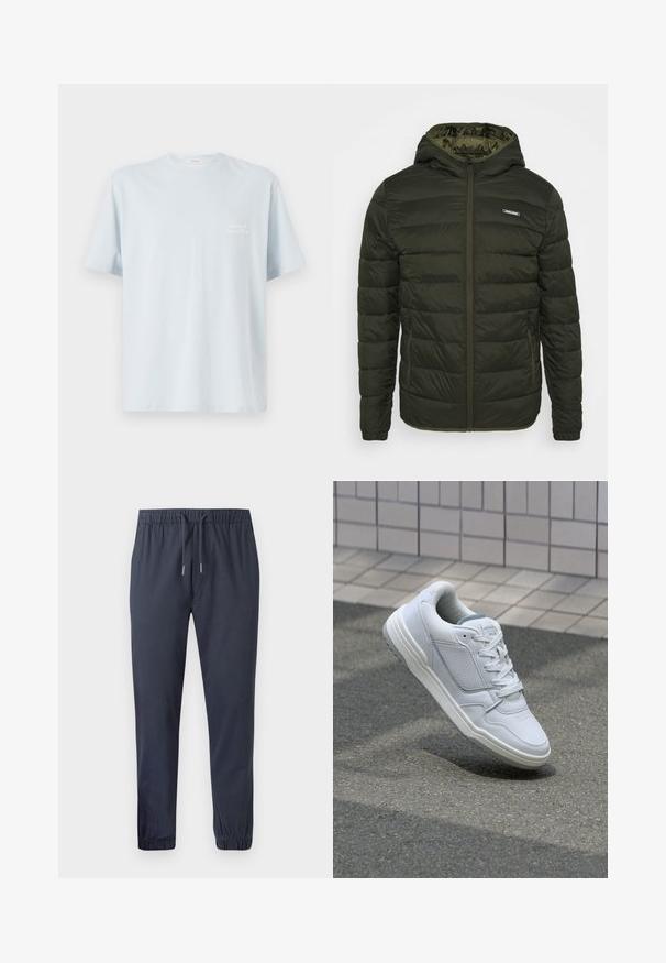 Soojad jakk oliivrohelises värvitoonis, millel on tõmbluku esiosa, kapuuts ja küljetaskud. Omab horisontaalset õmblust ja siledat läikivat tekstuuri.; Hele sinine puuvillane t-särk, millel on ümar kaelus ja lühikesed varrukad. Vasakul rinna piirkonnas on väike valge logo. Sile tekstuur.; Tumes sinine jogger-püksid elastse vöökoha, paelaga ja elastsete mansettidega, millel on sile ja kerge kangas.; Valge nahkne toss, millel on perforeeritud külgedega, tekstuuriga aktsendid, lame pael ja kontrastne hall konts. Omab veidi tõstetud tallat.