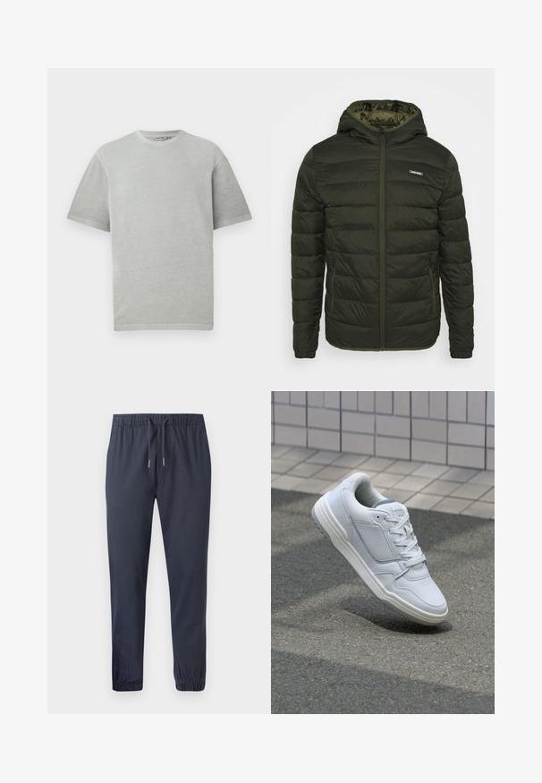 Ocieplana kurtka w oliwkowym kolorze z zamkiem z przodu, kapturem i kieszeniami bocznymi. Posiada poziome przeszycia i gładką, błyszczącą teksturę.; Jasnoszara koszulka z krótkim rękawem i okrągłym dekoltem, wyeksponowana na jednolitym białym tle.; Granatowe tapered jogger pants z elastycznym paskiem, sznurkiem ściągającym i elastycznymi mankietami, wykonane z gładkiego, lekkiego materiału.; Białe skórzane trampki z perforowanymi bokami, teksturowanymi akcentami, płaskimi sznurowadłami i kontrastującym szarym obcasem. Posiadają lekko podniesioną podeszwę.