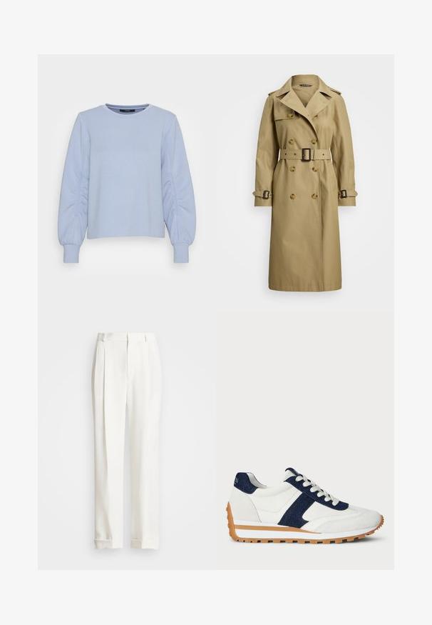 Trench coat bege feito de tecido suave, apresentando um design de duplo botão, gola larga, cinto na cintura e tiras ajustáveis nas mangas.; someday. UNNEA - Camisola - humble blue; Calças brancas ajustadas com dois pregas frontais, corte reto e barras com dobra. Feitas de um tecido liso, apresentando um design clássico.; Sapatilha branca com detalhes em denim azul e camurça. Apresenta um upper texturizado, colarinho almofadado, fecho de atacadores e uma sola de borracha contrastante.