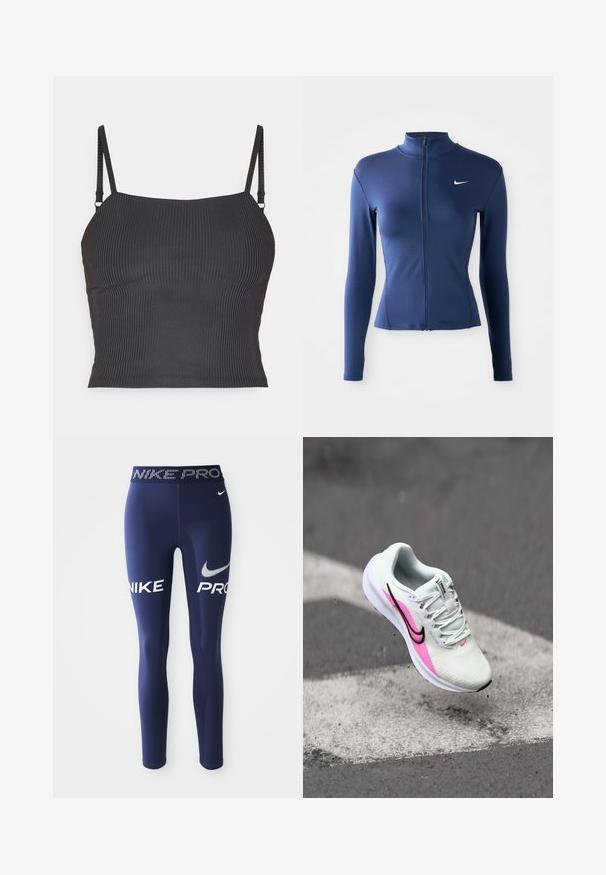 Dame passform navy blå zip-up treningsjakke med lange ermer og hvit Nike-logo på brystet.; Svart ribbestrikket cami med tynne justerbare stropper og en tettsittende design, med en glatt tekstur og en rett utringning.; Mørkeblå treningslegginger laget av elastisk stoff, med "NIKE" og "PRO" i fet hvit skrift på sidene og et mønstret livbelt.; Lettvekt løpesko i hvit mesh med rosa og svarte detaljer, hevet hæl og teksturert såle, plassert i luften over asfalten.