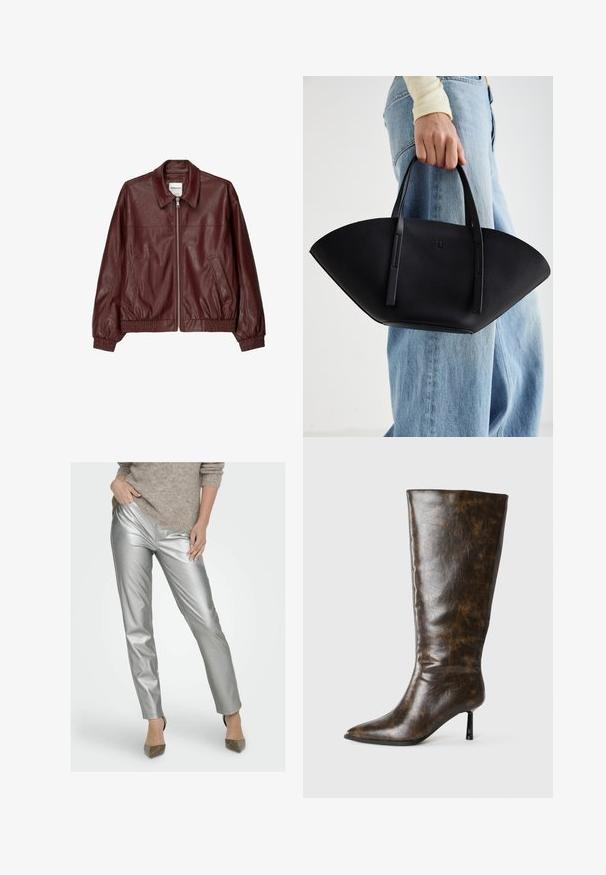 Bordeauxfarbene Leder-Bomberjacke mit einem Reißverschluss vorne, stehendem Kragen, zwei Seitentaschen und elastischen Bündchen sowie Saum. Glatte Textur.; Weißes Langarm-Hemd mit Knopfleiste, spitzen Kragen und abgerundetem Saum, vor einem schlichten Hintergrund präsentiert.; Silberne, metallic glänzende Slim-Fit-Hosen mit glatter Textur und subtilen Falten. Getragen mit einem hellbraunen Strickpullover und spitzen Absätzen.; Braune, abgenutzte Lederkniehohe Stiefel mit spitzem Zeh und dünnem Stiletto-Absatz auf weißem Hintergrund.; Schwarze Lederhandtasche mit einzigartiger Fächerform, ausgestattet mit flachen Griffen. Die Oberfläche hat eine genoppte Textur und ein minimalistisches Design.